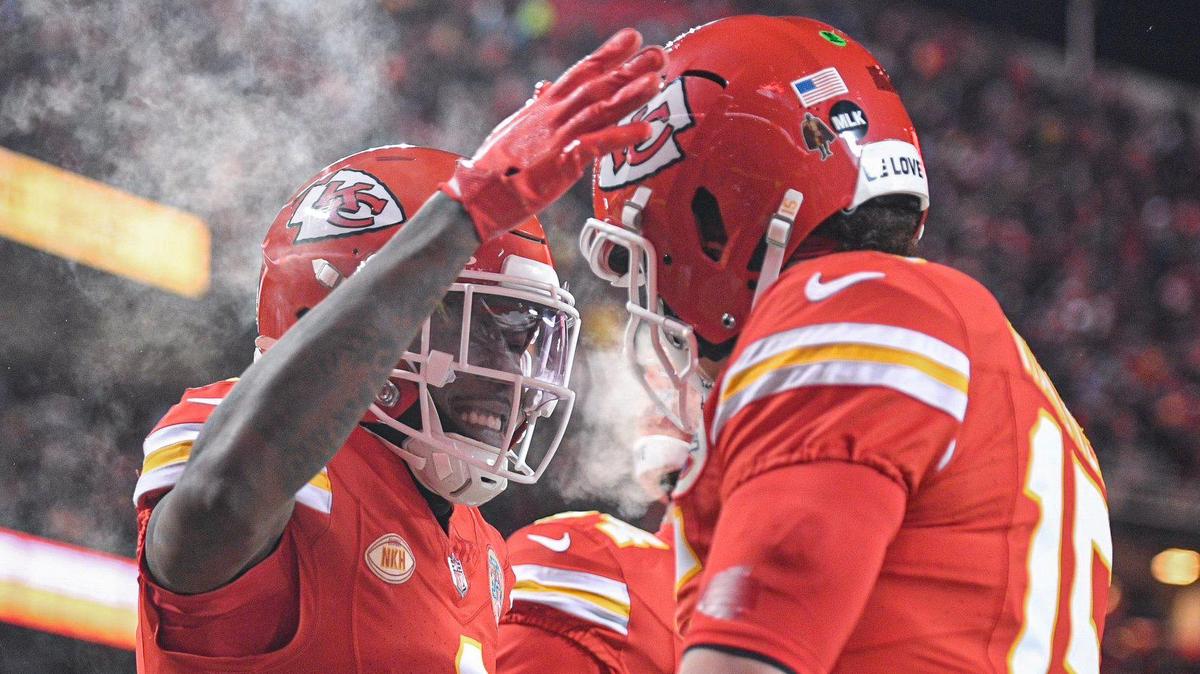 Kansas City Chiefs wide receiver Rashee Rice (4) celebrates a first quarter touchdown with quarterback Patrick Mahomes (15) after Rice scored on Miami Dolphins Saturday, Jan. 13, 2024, at GEHA Field at Arrowhead Stadium.