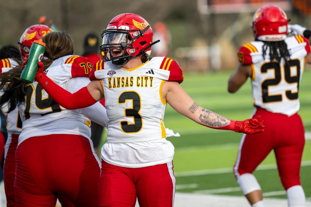 KC Glory linebacker Nana Olavuo (3) cheers as the team scores their first touchdown during the home opener against Texas Elite on Saturday, March 29, 2025, at the Pembroke Hill School in Kansas City.