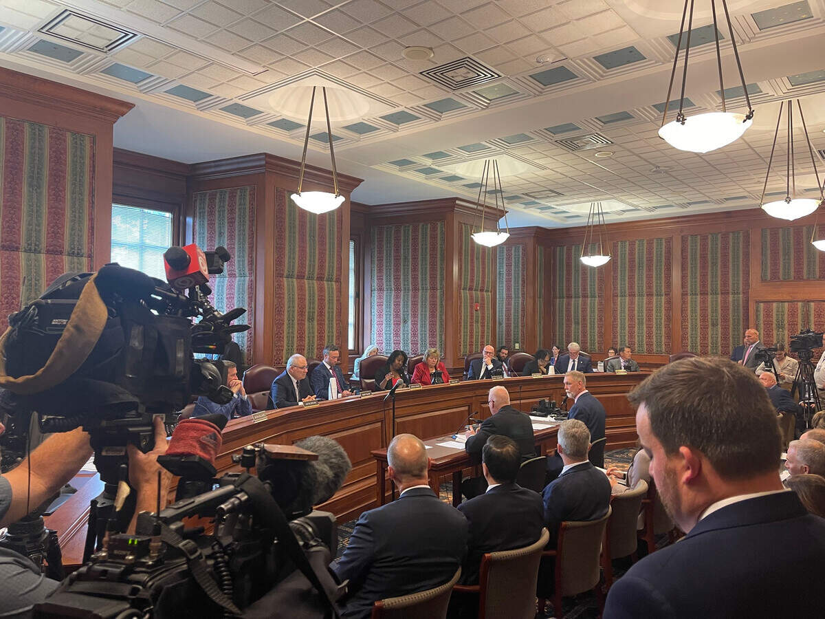 Inside a packed committee room on Tuesday, June 3, Missouri discuss the first bill of the special session: offering storm damage relief for St. Louis. Senators are expected to debate a Chiefs, Royals stadium-funding plan later in the day.