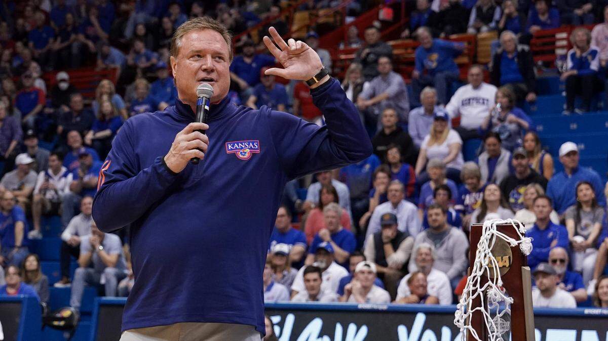 Kansas Jayhawks head coach Bill Self speaks on Senior Day after a win over the Texas Tech Red Raiders at Allen Fieldhouse on Feb. 28, 2023.