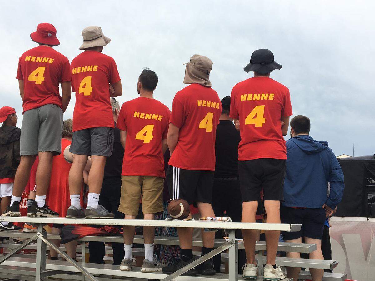 Kansas City Chiefs fans Ian Haywood, Drew Quinlin, Joe Steele, Max Haywood and Brody Rezen traveled to training camp to support their quarterback, Chad Henne.