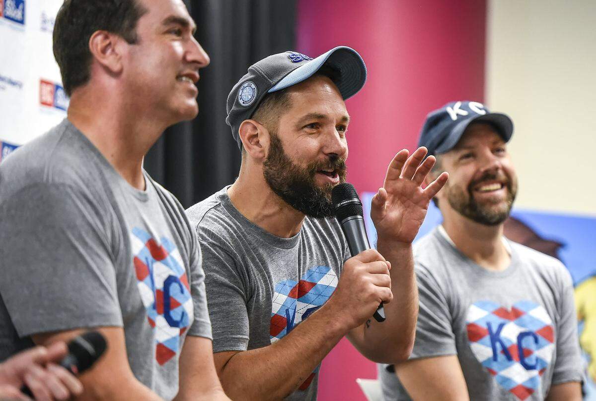 Paul Rudd, center, joked during a press conference with Rob Riggle, left, and Jason Sudeikis in advance of the 2016 Big Slick Celebrity Weekend fundraiser.