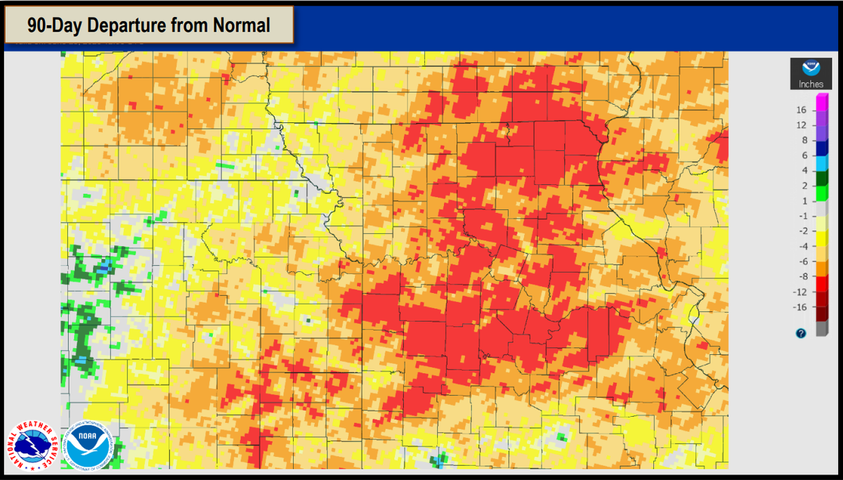 This map shows rainfall deficits by location around the Kansas City area in 2023 compared to the average rainfall for the past 90 days.