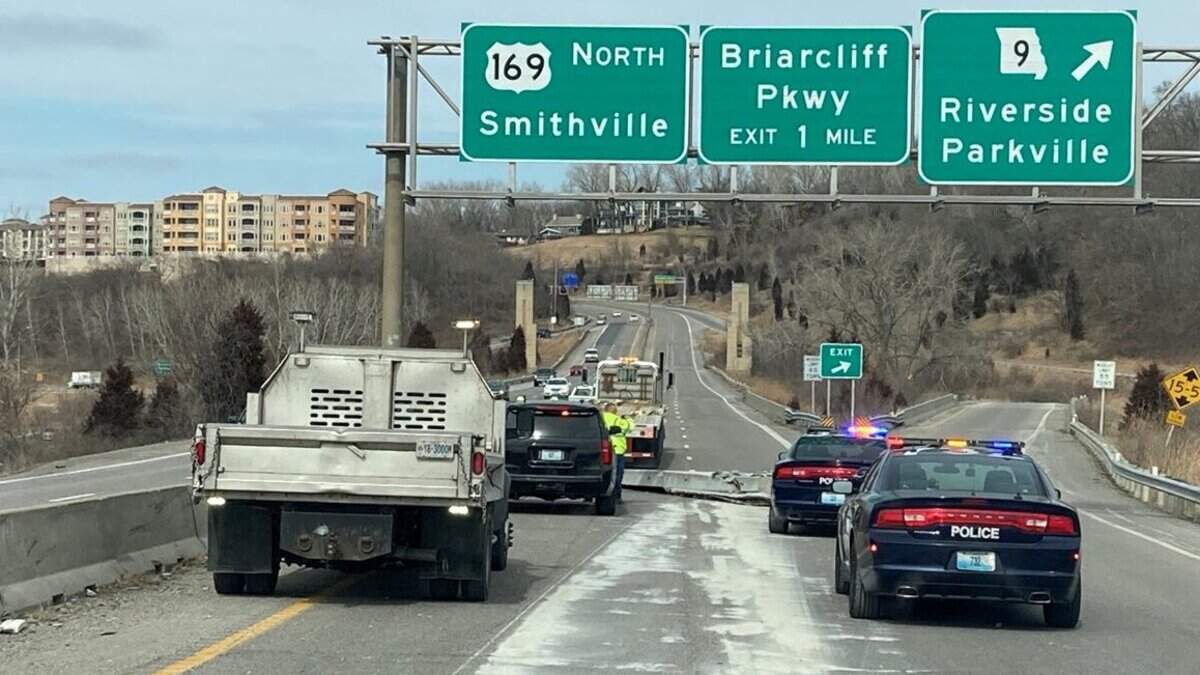 A 50,000-pound concrete slab has shut down lanes on northbound Highway 169. Authorities are asking drivers to find an alternative route until the road is clear.