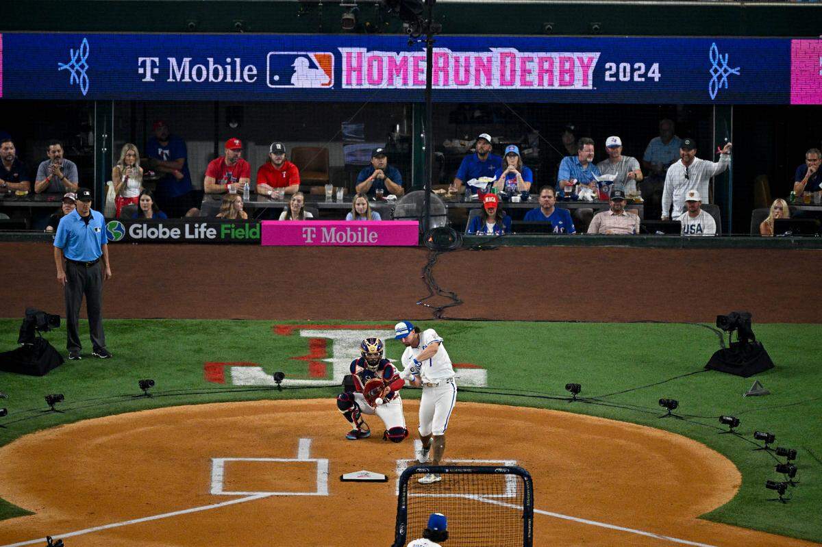 Royals shortstop Bobby Witt Jr. bats during the 2024 All Star Game Home Run Derby at Globe Life Field in Arlington, Texas, on Monday night.