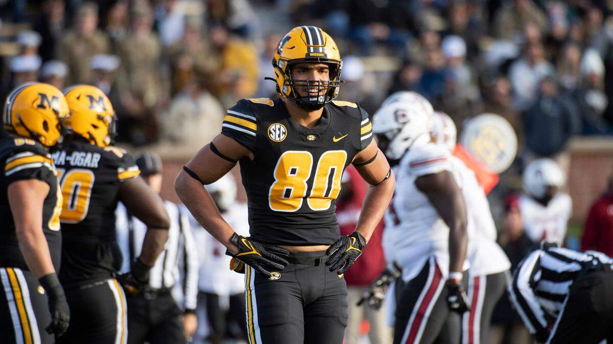 Missouri tight end Messiah Swinson waits for a play call during the first quarter of an NCAA college football game against South Carolina Saturday, Nov. 13, 2021, in Columbia, Mo. (AP Photo/L.G. Patterson)