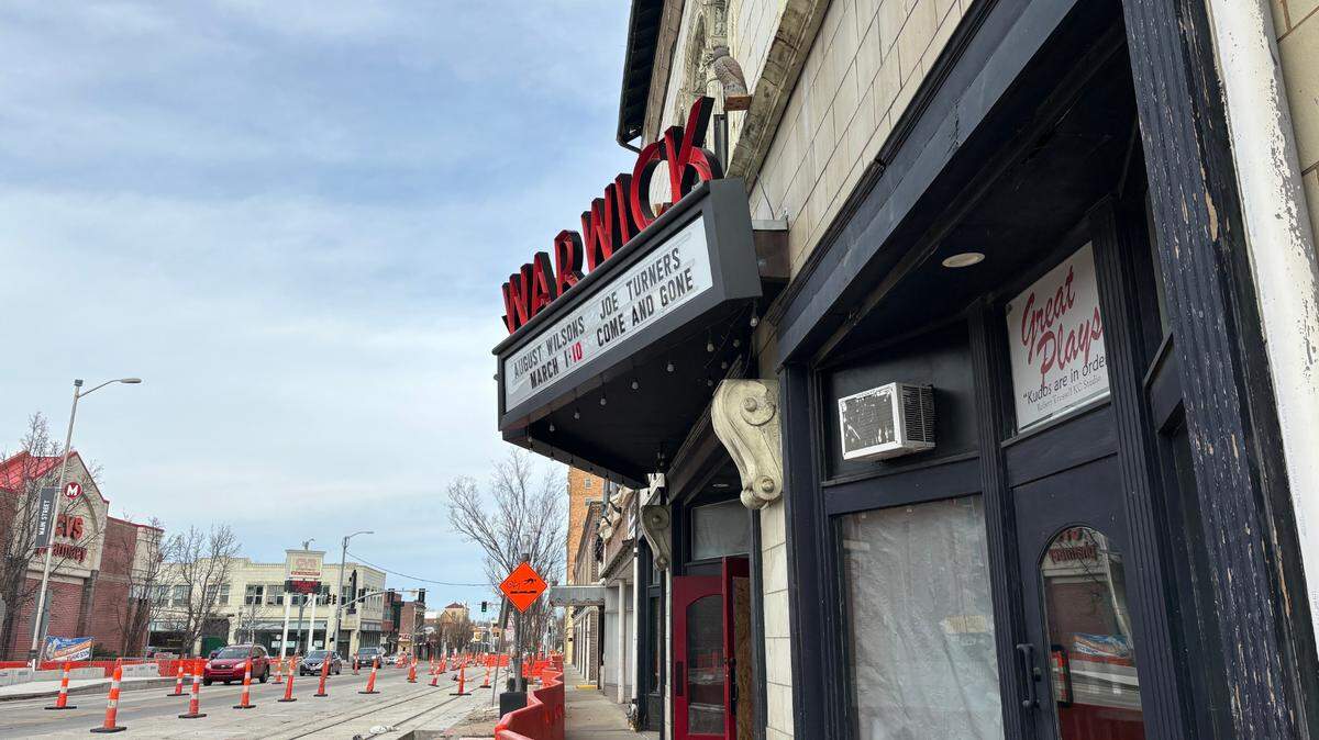 The front sign of the Warwick Theatre in Kansas City’s Midtown after a fire ignited there, causing significant interior damage on the morning of Feb. 7, 2024.