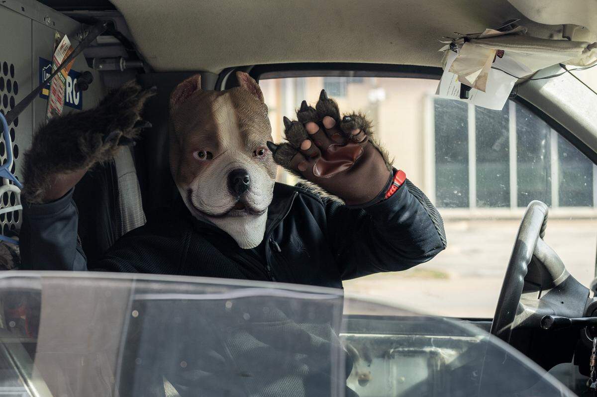 A visitor dressed as a dog drives up to Russell Stover's headquarters to receive candy during the company's annual Halloween giveaway on Friday, Oct. 31, 2025, in Kansas City.