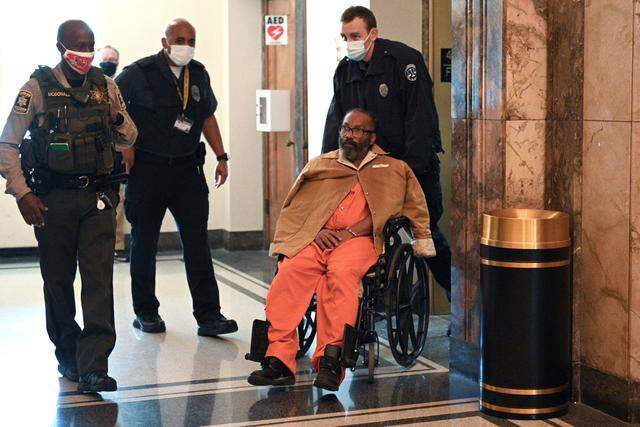 Kevin Strickland, 62, is assisted into a Jackson County courtroom in early November on his way to an evidentiary hearing, where prosecutors argued he is innocent and should be freed. He was 18 when he was arrested.