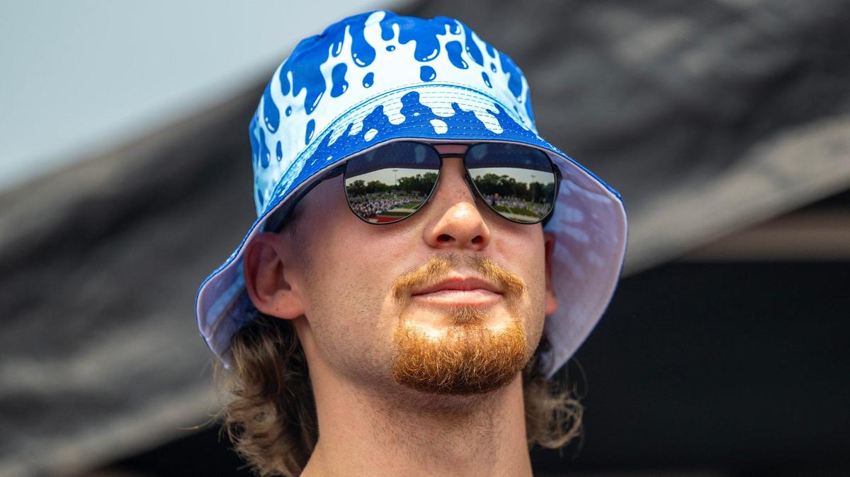 Kansas City Royals shortstop Bobby Witt Jr. sports a Royals-themed bucket hat while attending the Bobby Witt Jr. Youth Baseball ProCamp at Bishop Miege High School on Thursday, July 25, 2024, in Roeland Park, Kansas.