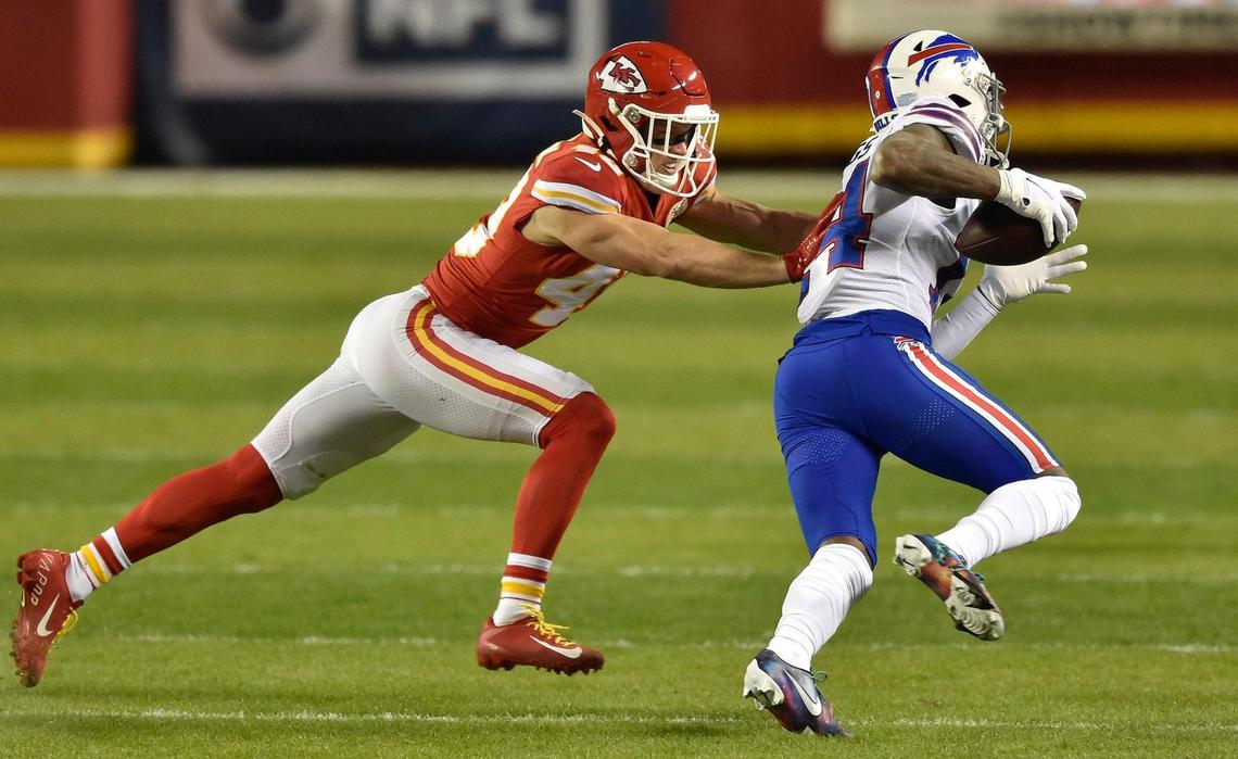 Kansas City Chiefs free safety Daniel Sorensen pushes Buffalo Bills wide receiver Stefon Diggs in the first quarter of the AFC Championship Game between the Chiefs and the Buffalo Bills Sunday Jan. 24, 2021. The Chiefs defeated the Bills 38-24 and will return to the Super Bowl.