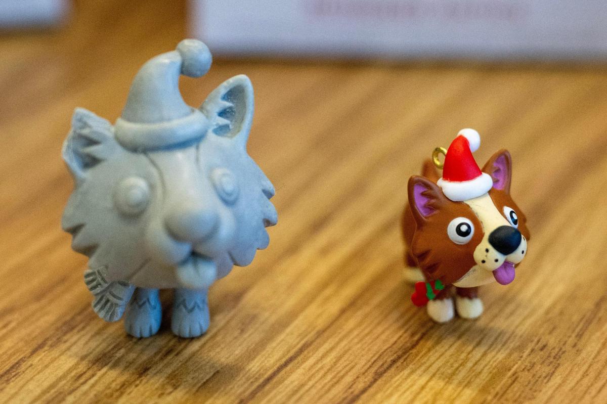 The prototype of Visker’s Howliday Helpers ornament is displayed on the left, with the final ornament on the right.