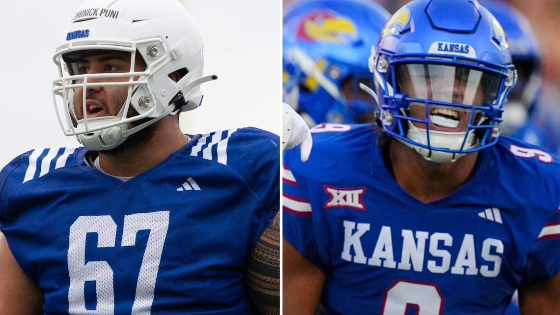Kansas Jayhawks football players Dominick Puni, left, and Austin Booker have opted out of the Guaranteed Rate Bowl, coach Lance Leipold said Sunday.