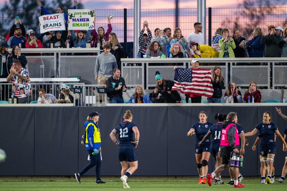 Fans celebrate after Team USA scores during the first half of the USA vs. Canada rugby match at CPKC Stadium on Friday, May 2, 2025. Canada won the match 26-14.
