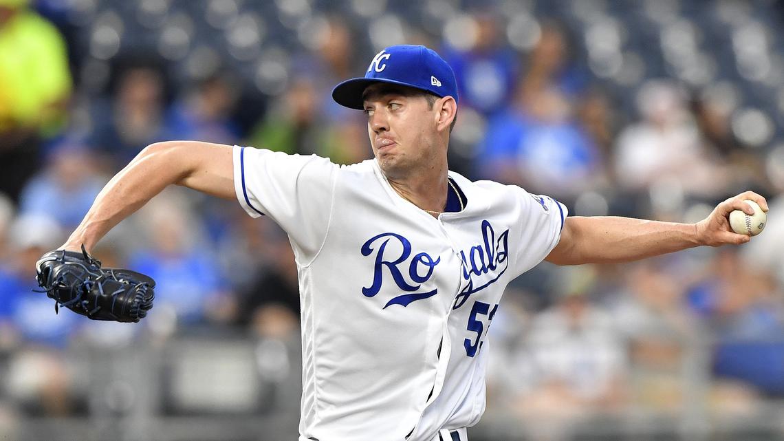 Kansas City Royals starting pitcher Eric Skoglund throws in the first inning during Monday's baseball game against the Tampa Bay Rays on May 14, 2018, at Kauffman Stadium in Kansas City, Mo.