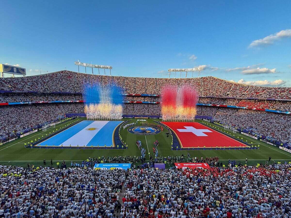 The national flags are displayed as the national anthems are played before the Argentina vs. Switzerland 2026 World Cup Quarterfinal football match at Kansas City (Arrowhead) Stadium in Kansas City on Saturday, July 11, 2026.