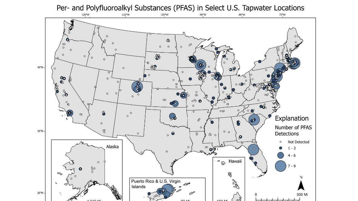 The U.S. Geological Survey released a graphic showing where PFAS were detected in drinking water across the country.