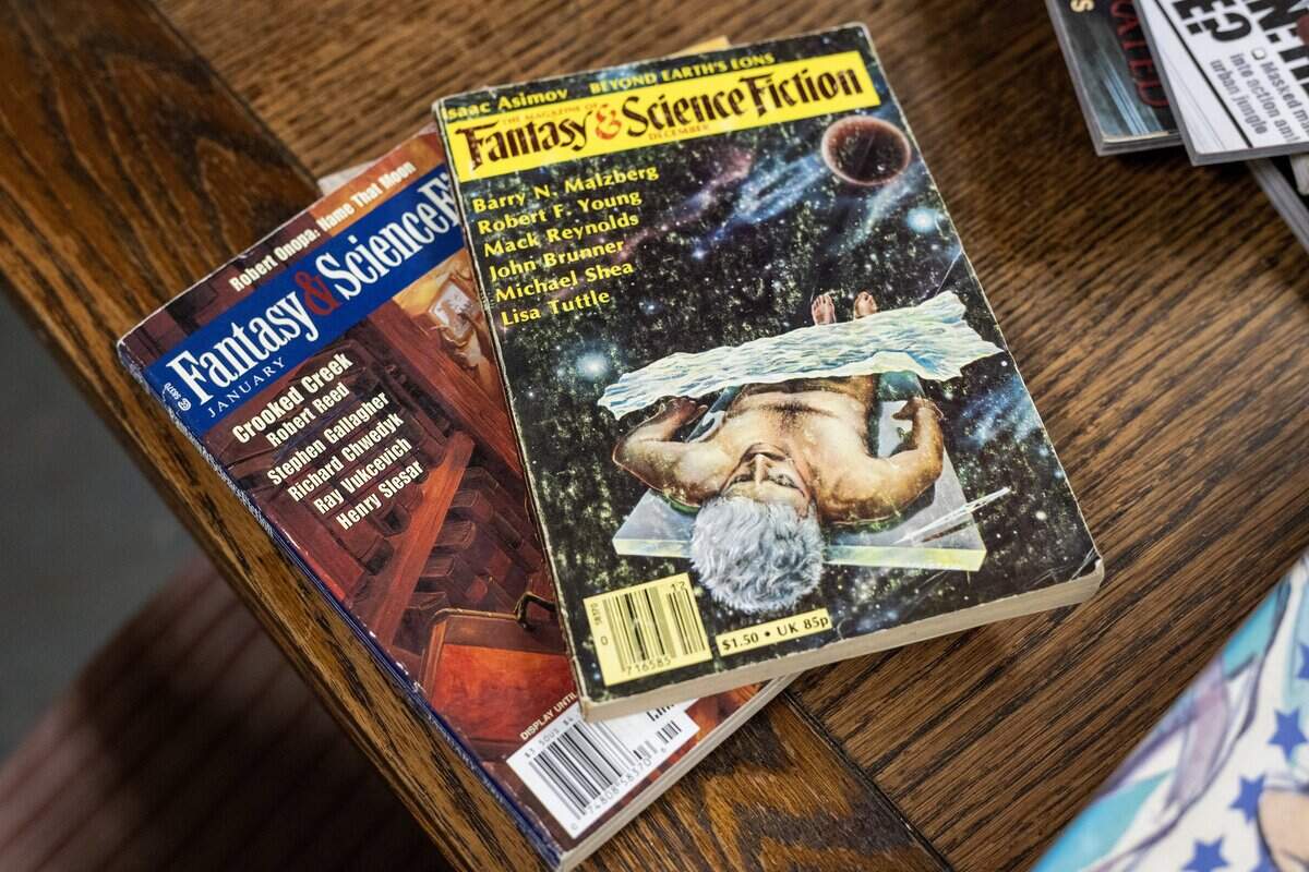 Antique science fiction books sit on a table at Steel's Used Books on Tuesday, June 23, 2026, in Kansas City,