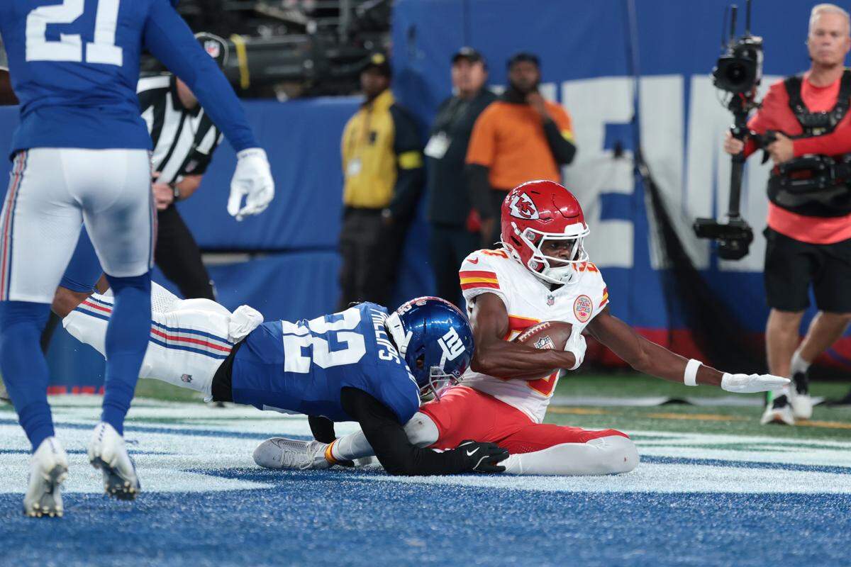 Kansas City Chiefs wide receiver Tyquan Thornton scores a touchdown against New York Giants during an NFL Week 3 game at MetLife Stadium in East Rutherford, New Jersey, on Sunday, Sept. 21, 2025.