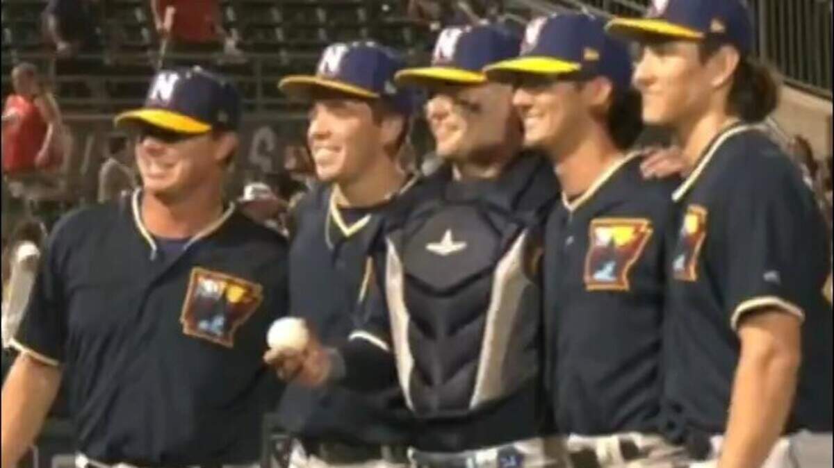 Pitchers Ryan Ramsey, Chazz Martinez, Ryan Brady, Brandon Johnson and catcher Carter Jensen posed for a photo after the no-hitter.