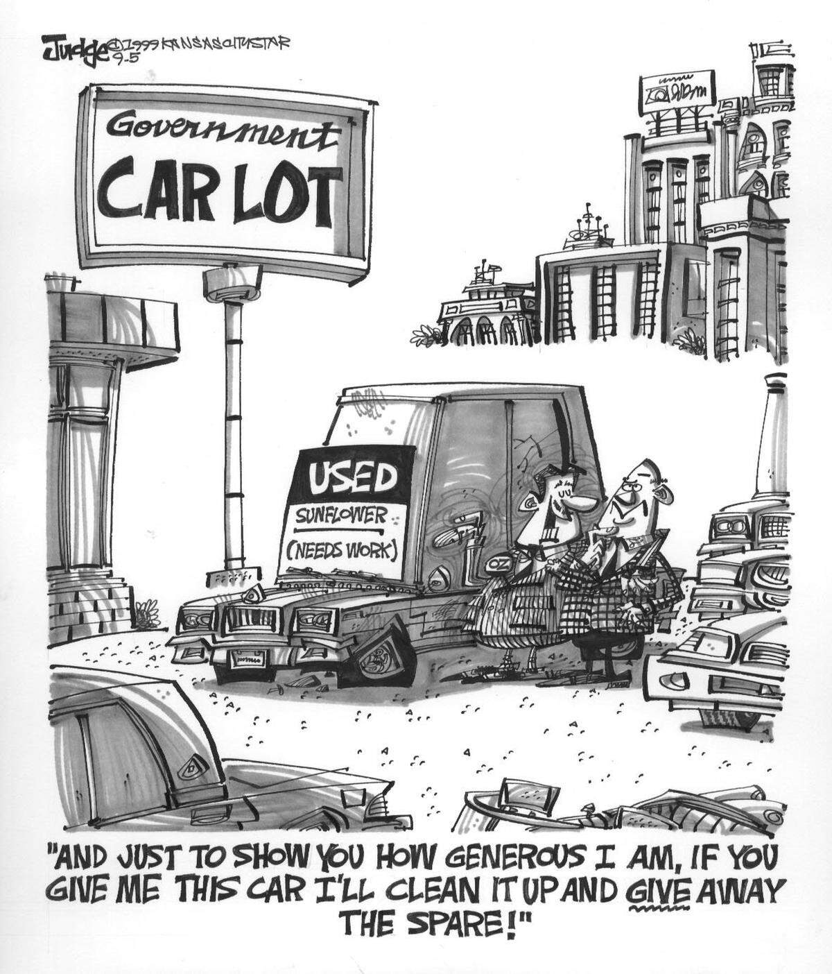 This 1999 opinion cartoon by Lee Judge illustrates controversy surrounding the Sunflower Army Ammunition Plant and the proposed Wonderful World of Oz theme park development. 