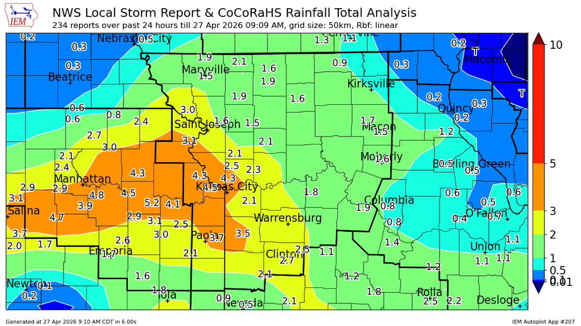 Storms that raced through the Kansas City metro dumped between 2 and 4.5 inches of rain early Monday, according to the National Weather Service. This map from the Iowa Environmental Mesonet at the Iowa State University shows where the heaviest rains fell.