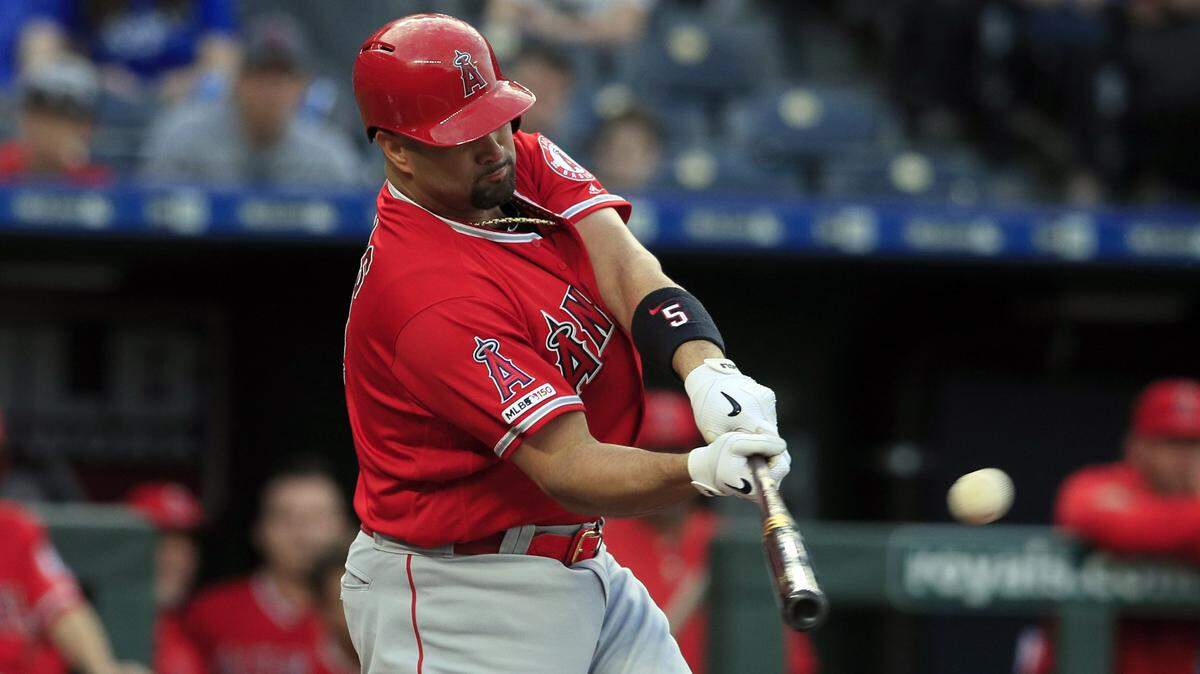 The Angels’ Albert Pujols hit a two-run home run off Royals starting pitcher Danny Duffy during the first inning on Friday night at Kauffman Stadium.
