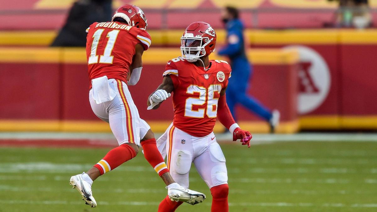 Kansas City Chiefs wide receiver Demarcus Robinson and running back Le’Veon Bell celebrate Robinson’s go-ahead touchdown in the fourth quarter of the Chiefs game against the Atlanta Falcons at Arrowhead Stadium Sunday, Dec. 27, 2020. The Chiefs defeated the Falcons 17-14.