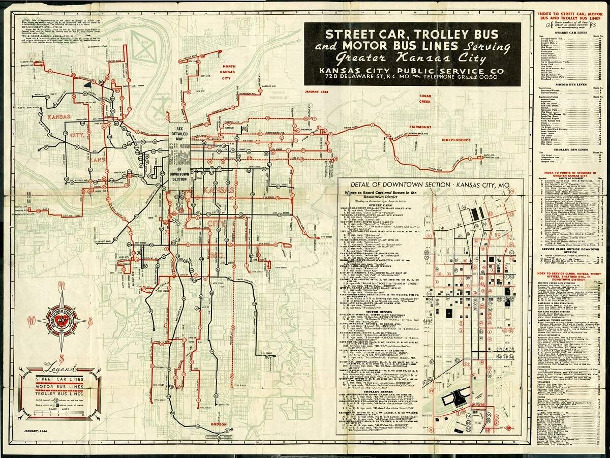 Transportation Map and Guide of Greater Kansas City, 1944. The Country Club-Dodson Line is the system’s southernmost route.