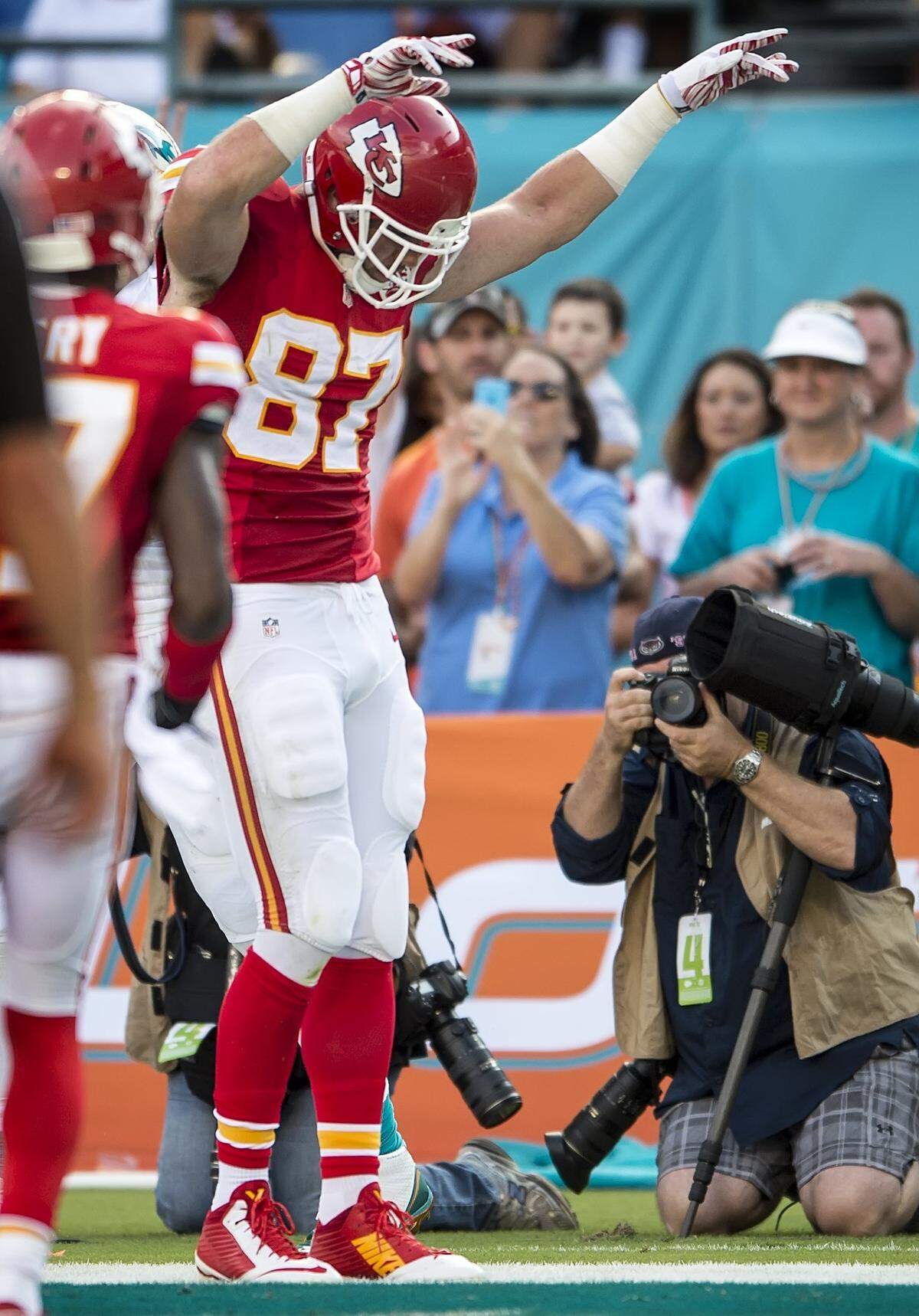 Kansas City Chiefs tight end Travis Kelce celebrated his first NFL career touchdown with a little dance while playing the Miami Dolphins at Sun Life Stadium in Miami Gardens, Florida, on September 21, 2014.