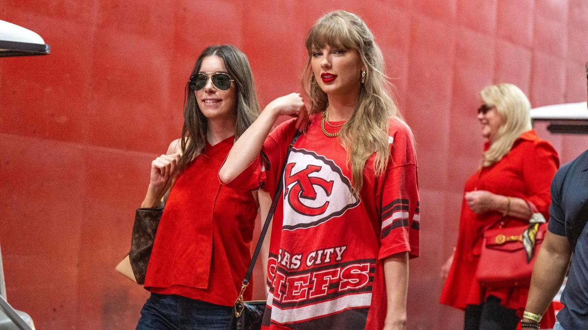 Pop star Taylor Swift and singer Danielle Haim walk down through a tunnel to attend an NFL game between the Kansas City Chiefs and the Cincinnati Bengals on Thursday, Sept. 15, 2024 at GEHA Field at Arrowhead Stadium.