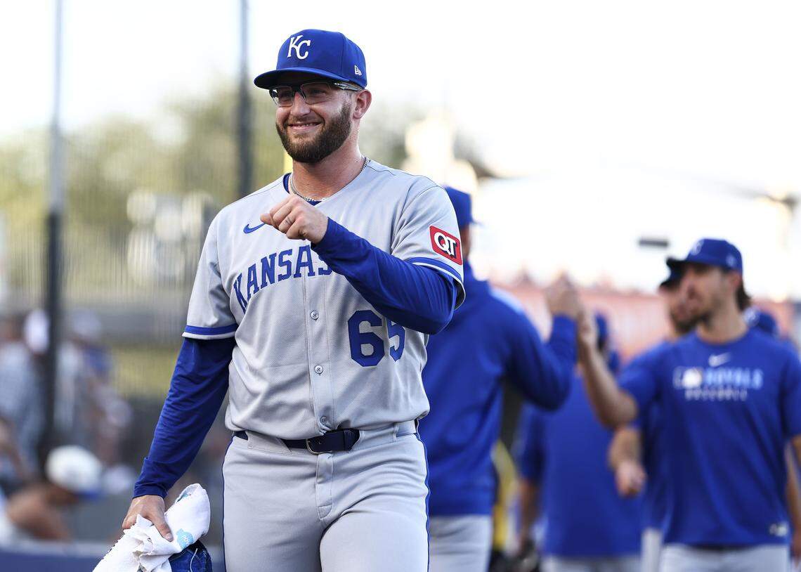TAMPA, FLORIDA - APRIL 30: Noah Cameron #65 of the Kansas City Royals smiles prior to making his MLB debut during a game against the Tampa Bay Rays at George M. Steinbrenner Field on April 30, 2025 in Tampa, Florida. (Photo by Kevin Sabitus/Getty Images)