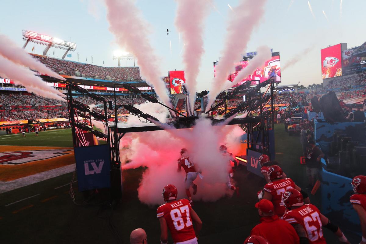 Kansas City Chiefs players take the field Sunday, February 7, 2021, during Super Bowl LV at Raymond James Stadium in Tampa, Florida.