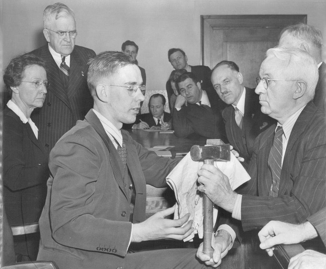 The hammer is exhibited during the subsequent trial.