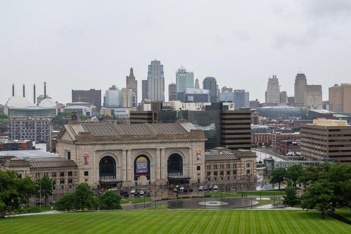 Rain clouds hover over downtown Kansas City, seen from the National WWI Museum and Memorial, on Tuesday, June 3, 2025.