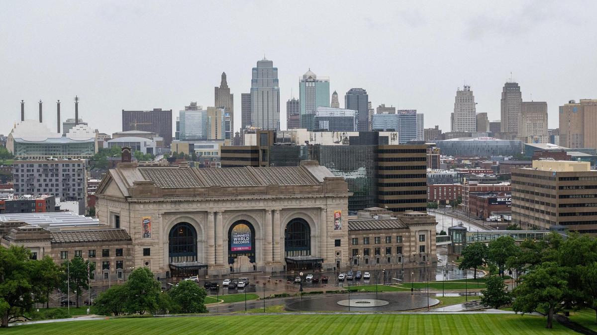 Rain clouds hover over downtown Kansas City, seen from the National WWI Museum and Memorial, on Tuesday.