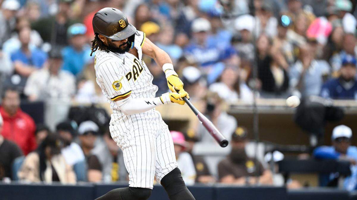 Padres right fielder Fernando Tatis Jr. belts a three-run home run during the seventh inning against the Kansas City Royals, turning a 2-1 game into a 5-1 game on Saturday, June 21, 2025 at Petco Park in San Diego.