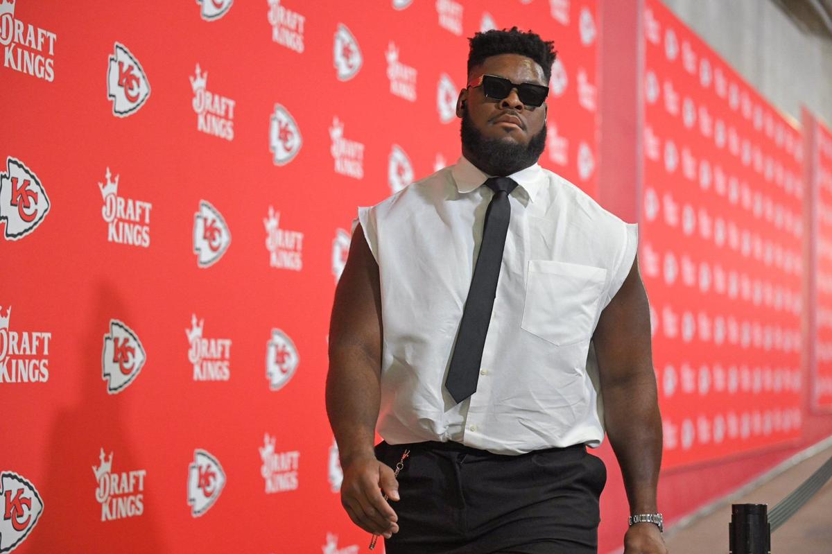 Kansas City Chiefs guard Trey Smith arrives to play the New Orleans Saints on Monday, Oct. 7, 2024, at GEHA Field at Arrowhead Stadium.
