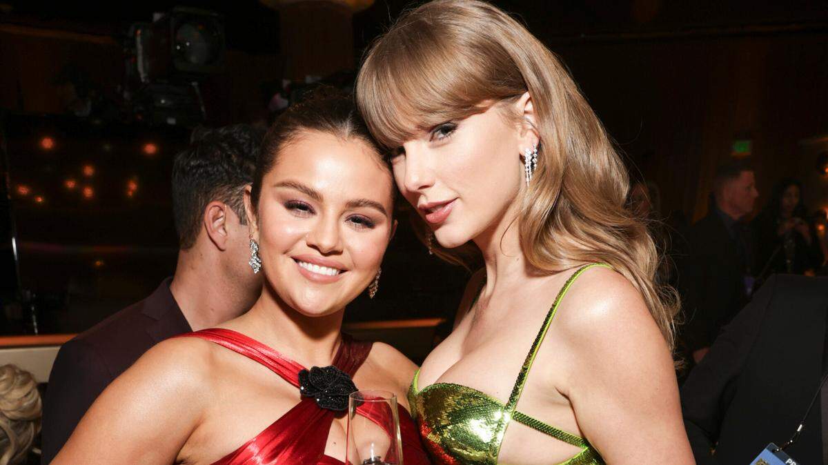 Jan 7, 2024; Beverly Hills, CA, USA; Selena Gomez and Taylor Swift at the 81st Annual Golden Globe Awards at the Beverly Hilton Hotel in Beverly Hills, Calif. Mandatory Credit: Sonja Flemming/Pool via USA TODAY NETWORK