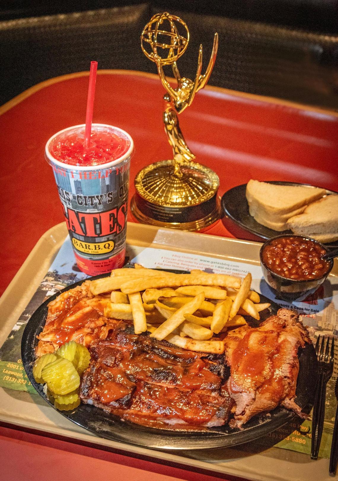 A Gates mixed plate with the Emmy Award that Darcus Gates won earlier this year.