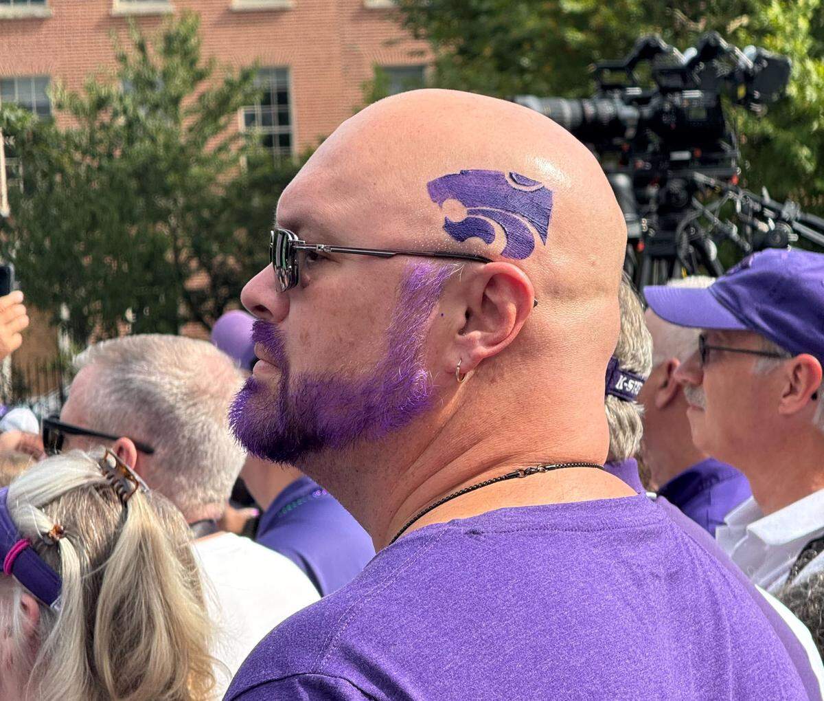 A K-State football fan at the Wildcats’ pep rally on Friday, Aug. 22, 2025, in Dublin, Ireland, held a day before the team’s season opener against Iowa State.
