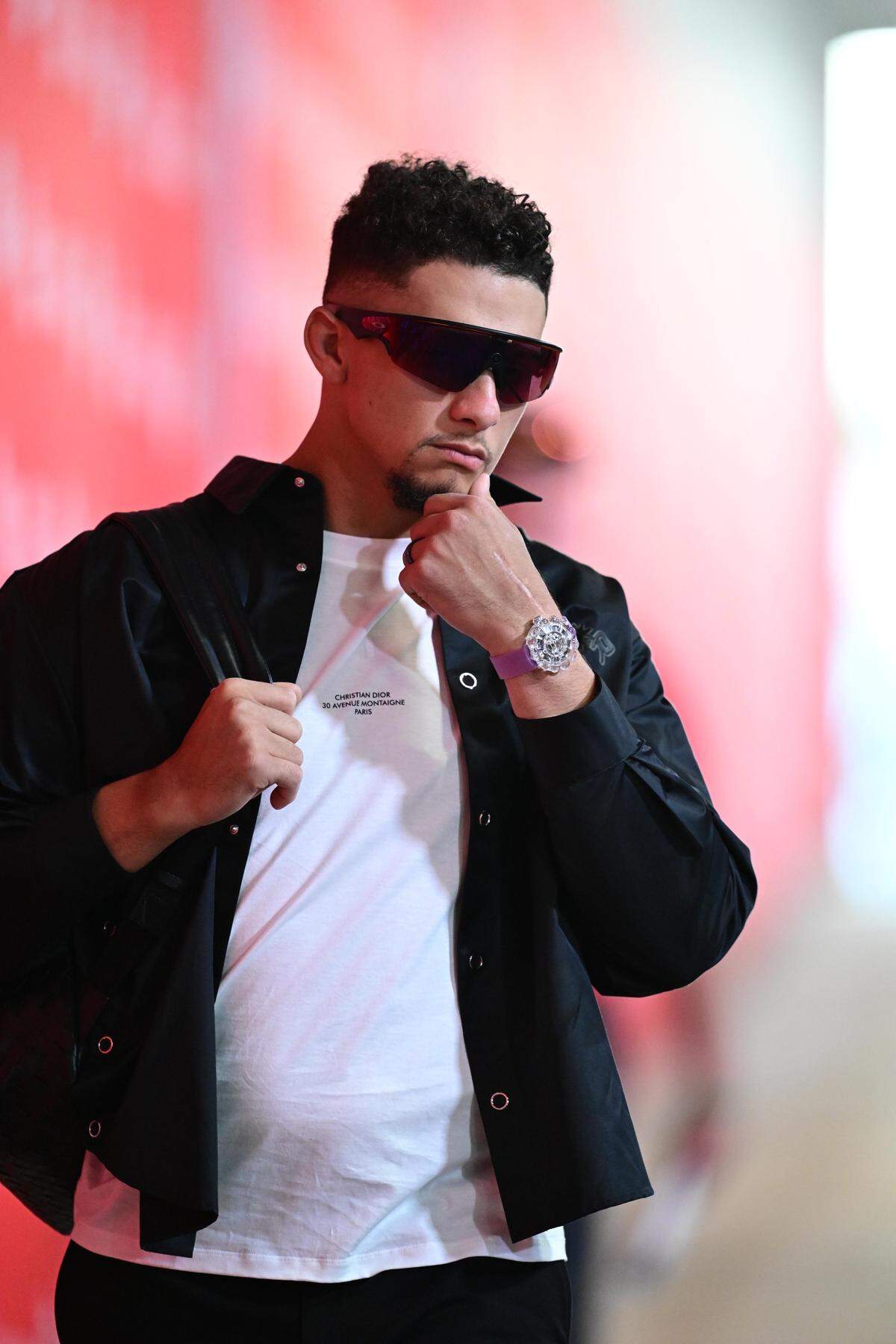 Kansas City Chiefs quarterback Patrick Mahomes arrives before the game with the Detroit Lions on Sunday, Oct. 12, 2025, at GEHA Field at Arrowhead Stadium.