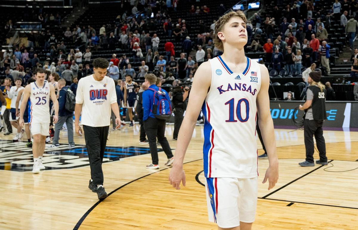 Kansas Jayhawks guard Johnny Furphy (10) walks off the court after the Gonzaga Bulldogs defeated Kansas 89-68 in a men’s college basketball game in the second round of the NCAA Tournament on Saturday, March 23, 2024, in Salt Lake City, Utah.