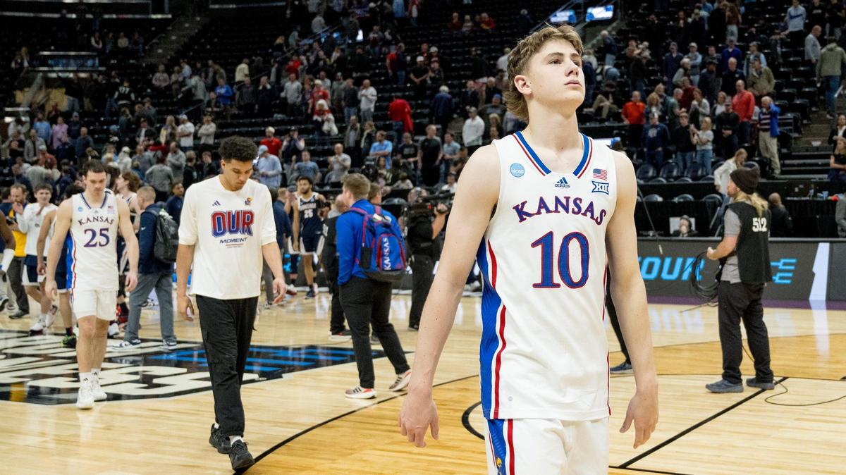 Kansas Jayhawks guard Johnny Furphy (10) walks off the court after the Gonzaga Bulldogs defeated Kansas 89-68 in a men’s college basketball game in the second round of the NCAA Tournament on Saturday, March 23, 2024, in Salt Lake City, Utah.