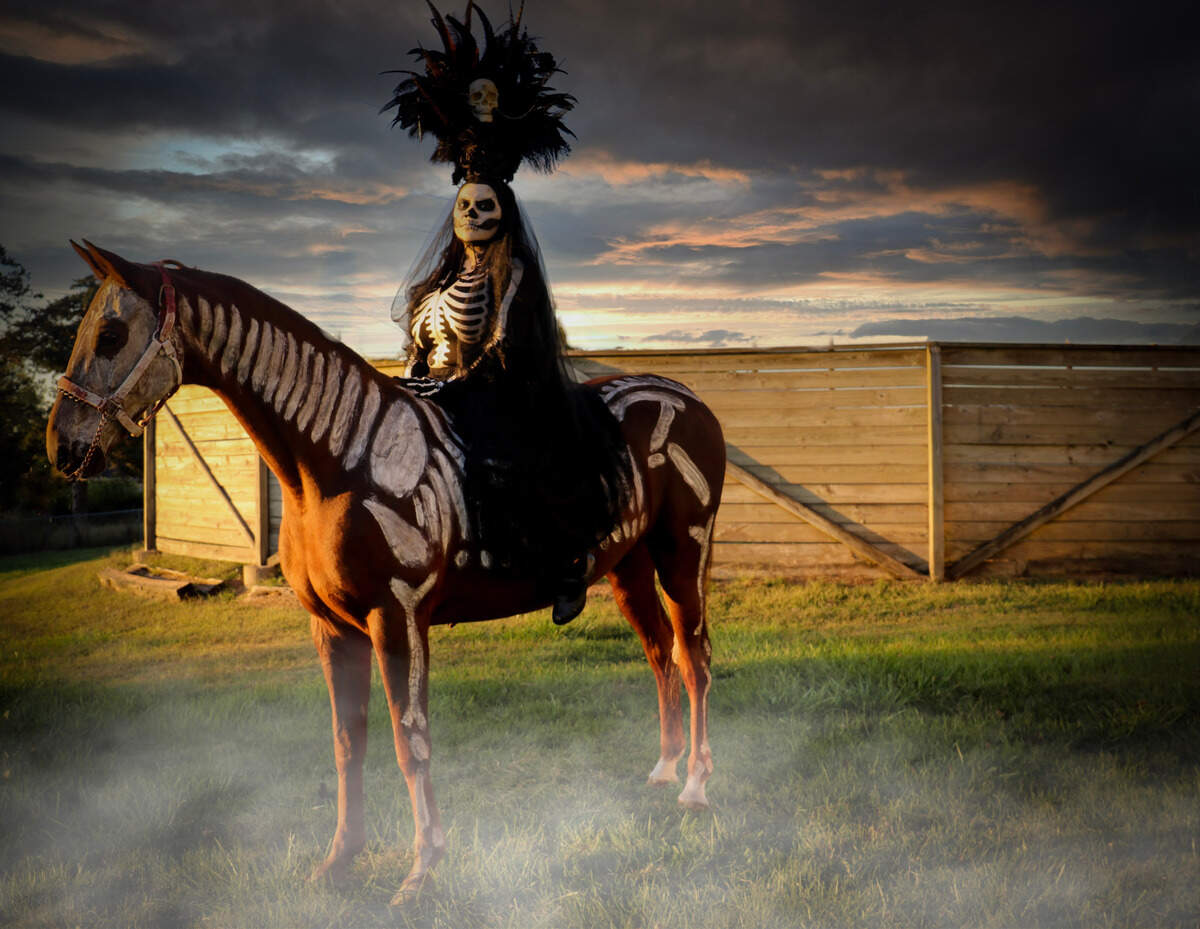 Photographer Sonia Falcon captured Daniella Briones in her Catrina makeup and costume atop a horse decorated to look the part for their scenes of Dia de los Meurtos. Briones makes the costume and takes on the Catrina character while Falcon preserves her creations in photos.