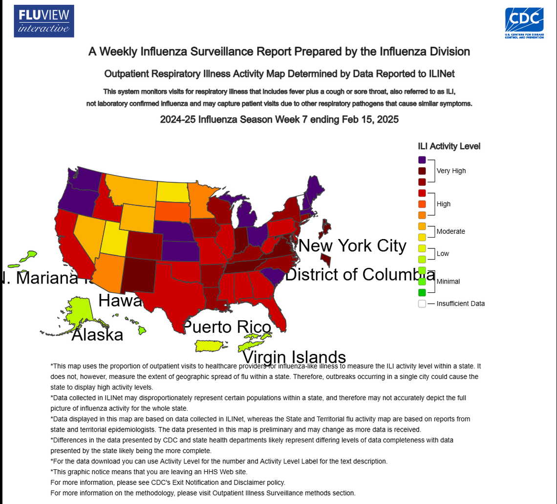 A map of the Center for Disease Control and Prevention’s influenza surveillance report shows the states with the highest flu levels during the week of Feb. 9-15.