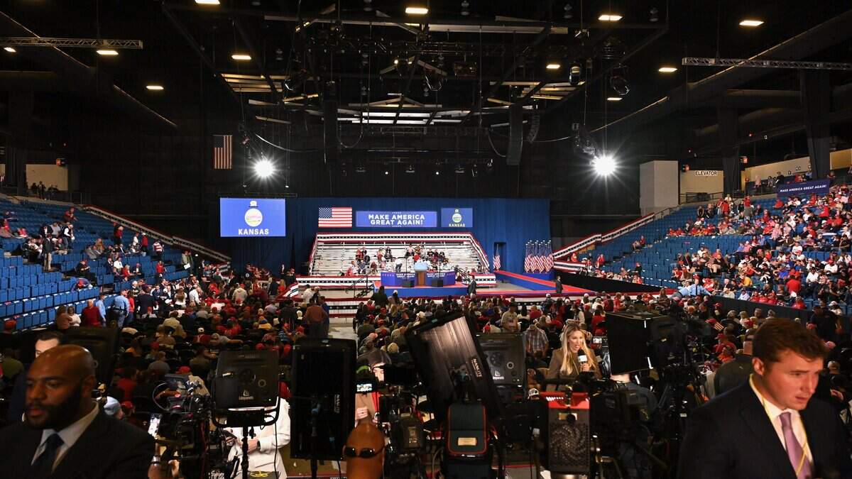 A view before the start of the Trump rally at the Heartland Credit Union Arena in Park City, Kansas, on Monday, Oct. 19, 2026.