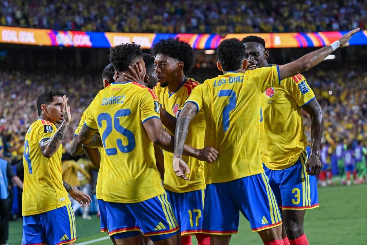 The Colombia players celebrate after their first goal in the match against Ghana 2026 World Cup round of 32 at Kansas City (Arrowhead) Stadium in Kansas City on Friday, July 3, 2026.
