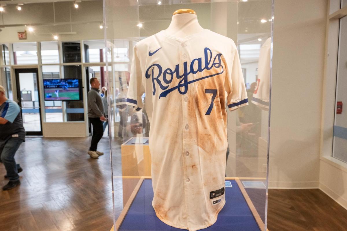 Royals shortstop Bobby Witt Jr.’s 200th hit game worn jersey is featured at the Royals’ Crowning Achievements Exhibit at Commerce Bank in downtown Kansas City on Tuesday.