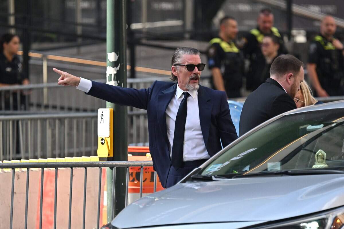 NEW YORK, NEW YORK - JULY 3: Ethan Hawke arrives at Madison Square Garden on July 3, 2026 in New York City. According to reports, several permits have been filed with New York City around the venue. There have been unconfirmed reports that Taylor Swift and Travis Kelce will be celebrating their wedding in the area. (Photo by Roy Rochlin/Getty Images)
